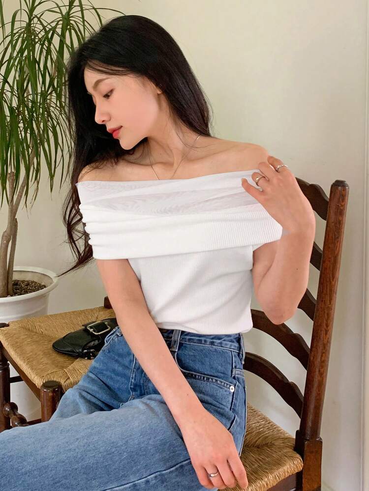 Women Off Shoulder Short Sleeve Fitted Patchwork Exposed Shoulder T-Shirt