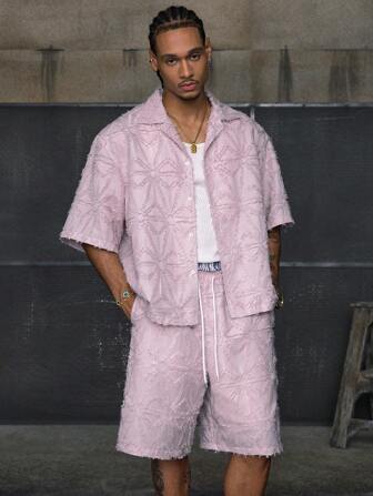 AXEPEAK 2pcs Casual Summer Street Woven Dyed Embroidery Outfit For Men