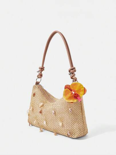 Fairycore 1 pieza Bolsa de playa tejida con conchas marrones y estrella de mar, bolso de hombro de estilo de vacaciones a la playa personalizado y de moda para mujer (incluye 1 bolso y 1 juego de accesorios)