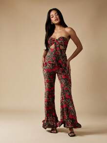 MISSGUIDED Floral Leopard Print Jumpsuit Strapless Wide Leg Party Evening Wedding Guest Summer Vacation Resort Wear Women Flare Pants Bell Bottom - Red - View 5
