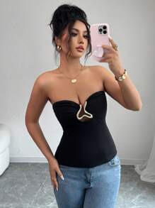 Rafferiza Canotta da donna elegante e sexy con scollo ad aletta e decorazioni traforate
