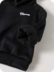 SHEIN 2 件套婴儿男孩/女孩休闲运动风格宽松超大熊图案针织连帽衫和罗纹袖口针织裤套装，适合秋冬季穿着，室内和室外 - 黑色 - 查看 7