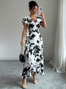 Elenzga Vestido largo con cuello en V, mangas con volantes y cintura anudada, estampado para mujer - Blanco y Negro - Ver 7