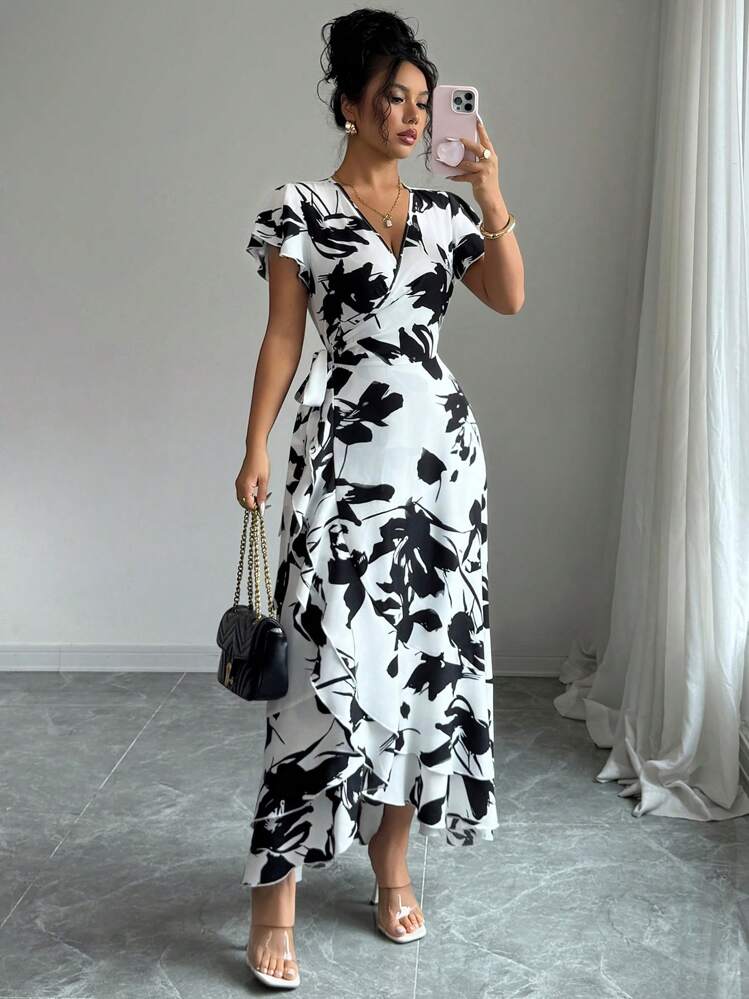 Elenzga Women's Printed V-Neck Tied Waist Ruffle Sleeve Long Dress - Black and White - View 7
