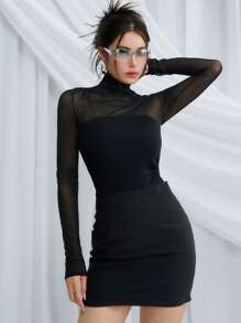 DAZY 高领网眼上衣透明长袖女式上衣，秋季女装 - 黑色 - 查看 4