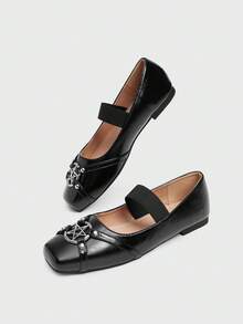 ROMWE Kawaii Giày lười đế bằng mũi vuông thời trang thanh lịch cho nữ, giày đế bằng phong cách Punk ngọt ngào cho tiệc tùng, mặc hàng ngày, váy dạ hội, thoải mái và đa năng - màu đen - Xem 5