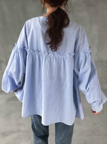 FRIFUL 女式长袖条纹面料拼接荷叶边褶饰宽松休闲百搭正式衬衫，秋季女装 - 藍色 - 查看 6