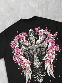 ROMWE MEN Goth 男士哥特休闲十字架、花朵和翅膀印花T恤，适合夏季和万圣节穿着