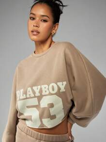Missguided x Playboy 大学运动短款运动衫，超大袖子，休闲运动，秋冬运动街头风格 - 灰色 - 查看 4