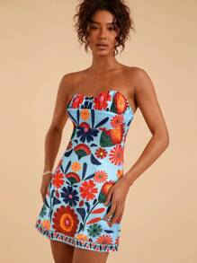 Travachic Đầm Mini Body-Con Không Dây In Hoa Văn Dệt Cho Nữ - Màu xanh nhạt - Xem 3