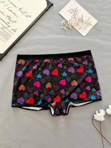Comfy Soft Dailywear Y2K Music Festival Party Heart Print Plus Size Boyshort Briefs, Black - Black - View 6
