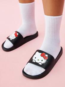 HELLO KITTY AND FRIENDS | SHEIN 时尚可爱卡通猫咪图案 PVC 女士拖鞋，适合室内或室外穿着，男女通用 - 黑色 - 查看 2