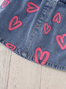 SHEIN 2 Pieces Young Girl Summer Back-To-School Clothes Set,Light Pink Heart Print Denim Skirt And White Shirt,Casual Comfortable School Kindergarten Outfit - White - View 6
