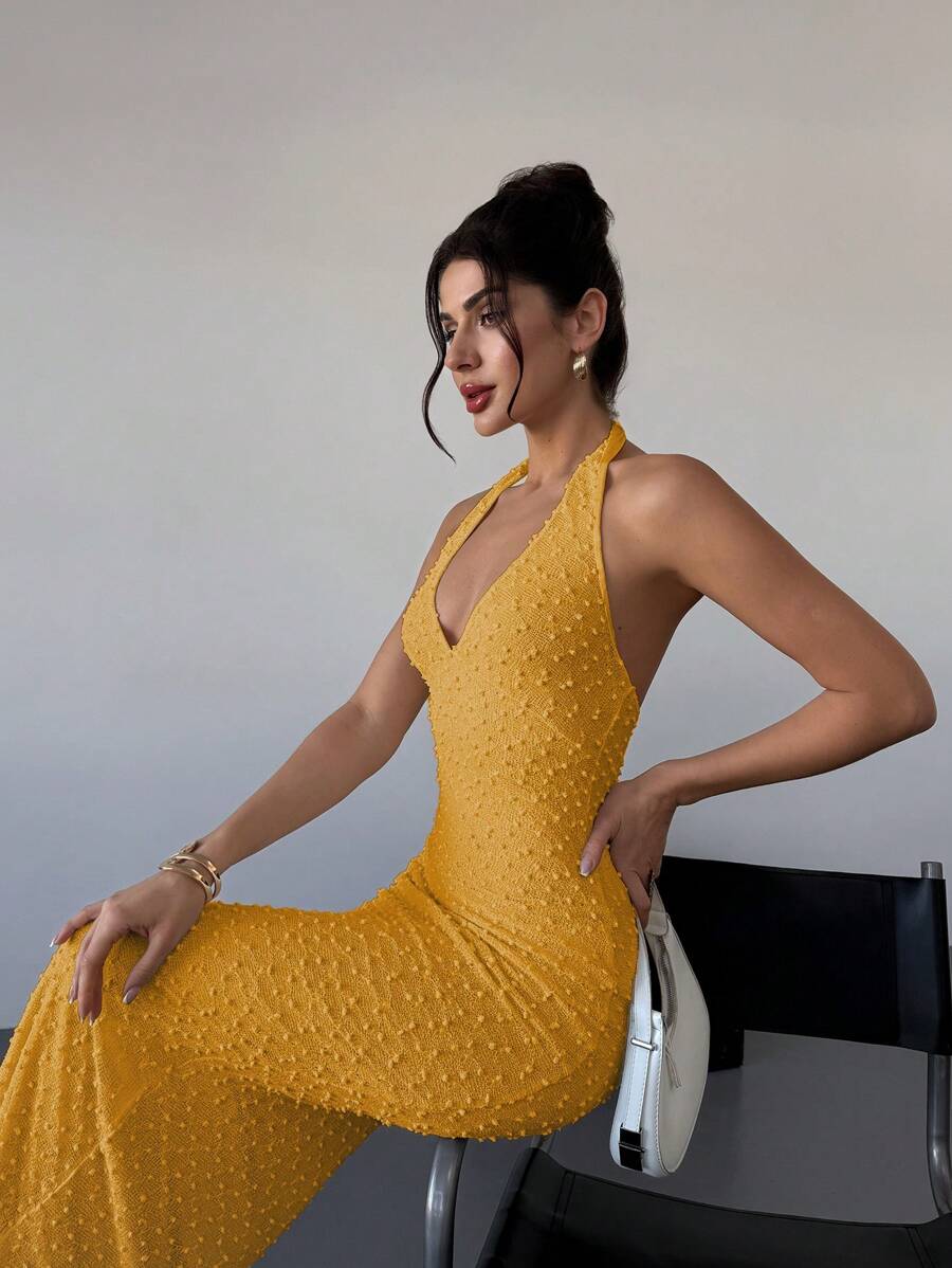SHEIN Privé 情人节新款优雅浪漫约会无袖V领纹理杏色修腰修身连衣裙，春夏 - 黃色 - 查看 1