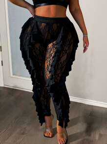 Maweii Damskie, duże rozmiary, ołówkowe spodnie z wysokim stanem i koronkową falbaną, prześwitujące, na wiosnę i jesień - Czarne - Zobacz 3