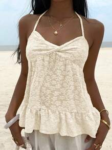 Sunnyshic Áo hai dây đan chéo ren màu trơn, thời trang cho mùa hè - Màu be - Xem 5