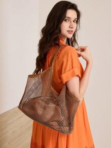 MOTF PREMIUM PU皮革饰边渔网托特包 - 棕色 - 查看 5