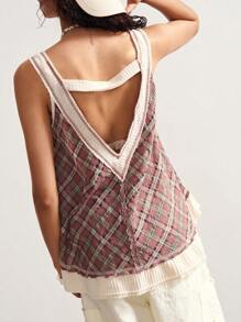Bohemela Casual Woven Plaid V-Neck Loose Women Top