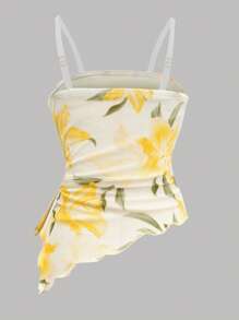 女童花卉图案褶皱不对称下摆抹胸，褶皱露肩修身款黄色全身印花，春夏 - 黃色 - 查看 2