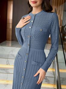 Modelyn Đầm len cổ tròn dài thanh lịch cho nữ - Màu xanh bụi bặm - Xem 6