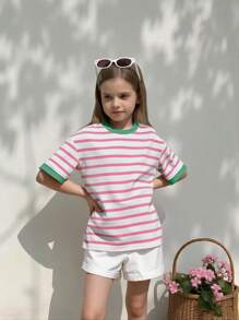 SHEIN 女童条纹印花宽松圆领短袖粉色 T 恤，适合青少年女孩的休闲夏季 T 恤