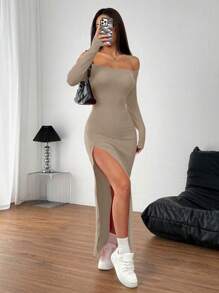 INAWLY Sexy Red Off-Shoulder High Split Maxi Dress - Khaki - View 5