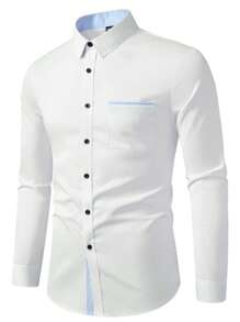 Manfinity Mode Contrast Trim Front Button Business Casual Long Sleeve Shirt Men Casual Dress Shirts Men White Dress Shirt Men Light Blue Dress Shirt, For Fall - White - View 3