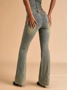 SHEIN BAE Quần Jeans Denim Ống Loe Thiết Kế Túi Cho Nữ Đa Năng Thường Ngày - Rửa nhẹ - Xem 2