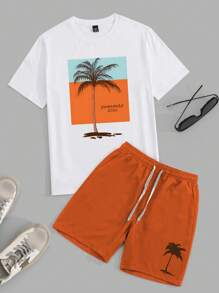 Manfinity RSRT Plus Size Men Floral Print Contrast Color Short Sleeve T-Shirt And Pocket Shorts Set