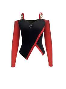 Zolique Women's Off-Shoulder Color Blocking Zipper Long Sleeve T-Shirt - Black - View 2