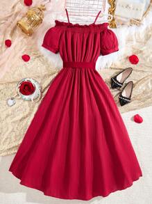 Tween Girl Off-Shoulder Ruffled Chiffon Dress, Elegant, Casual Outdoor, Spring/Summer,Holiday,Summer,Travel - Burgundy - View 2