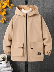 SHEIN 青少年男孩连帽插肩袖前口袋拉链夹克，适合通勤、上学、日常休闲穿着 - 駝色 - 查看 4