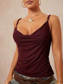 Lumalex Draped Neck Cami Top With Metal Chain Decor, Backless Waist Cinched - Burgundy - View 6