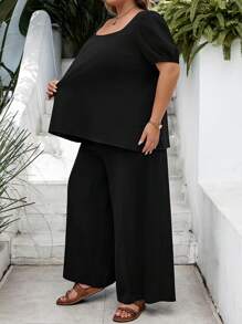 SHEIN CURVE+ Bộ đồ nữ cỡ lớn bằng vải cotton crepe giặt, 2 món, áo cổ vuông tay ngắn màu trơn cỡ lớn và quần rút dây, trang phục đi nghỉ mùa hè/đồng quê/bãi biển/trang phục đi biển/đồ mặc đi biển - màu đen - Xem 6