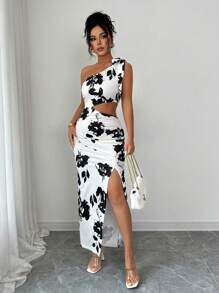 Selianne 女士优雅印花单肩连衣裙