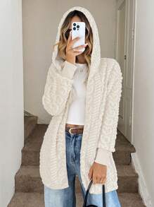 Easowa 女士连帽菱形提花纹理双面羊毛休闲通勤优雅外套，适合日常穿着，秋冬 - 杏色 - 查看 4