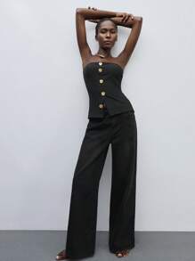 Maija Women's Metal Color Block Button Front Slit Hem Strapless Top, Black,Autumn Outfits For Women - Black - View 8