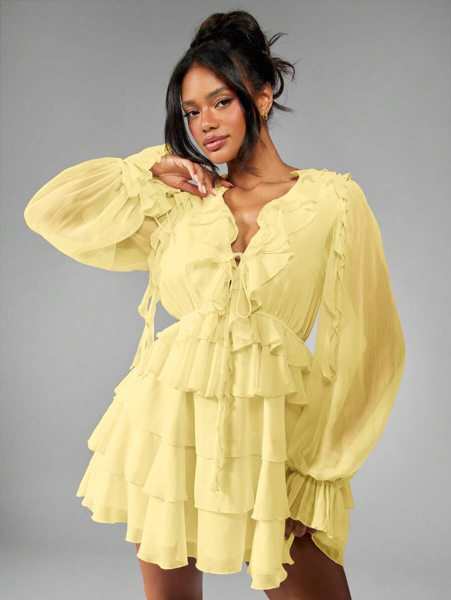 MISSGUIDED Ruffle Tiered Mini Dress Balloon Long Sleeve Chiffon Spring Summer Wedding Guest Party Occasion Boho Evening Wear - Yellow - View 1