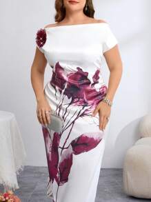 SHEIN Clasi Plus Size Women Elegant And Romantic 3D Flower Decoration On Shoulders, One-Shoulder Satin Floral Bodycon Fitted Elegant Dress,Wedding Guest Dress Women,Summer,Satin Dress,Suitable For Summer