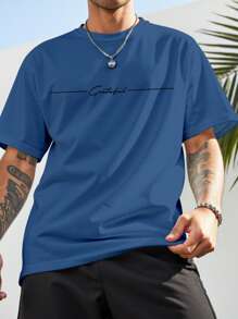 Manfinity Homme Plus Size Men's Summer Letter Print Crew Neck Short Sleeve Casual Loose T-Shirt - Blue - View 3