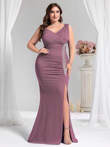 Coutiva Vestido de noche de unicolor tipo real con decoración de cuentas, escote en V con tirantes finos y abertura lateral - Rosa - Ver 5