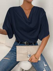 SHEIN Privé 女式纯色垂坠领优雅夏季短袖衬衫 - 藏蓝色 - 查看 4