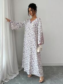 Al Najma Women Floral Print Hollow Out Elegant Long Sleeve Arabic Dress