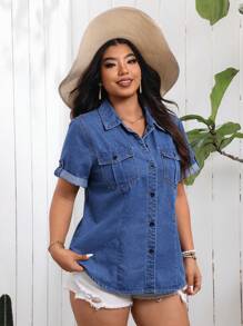 SHEIN CURVE+ 大码牛仔风格无弹力蓝色前开式短袖上衣，秋季假期