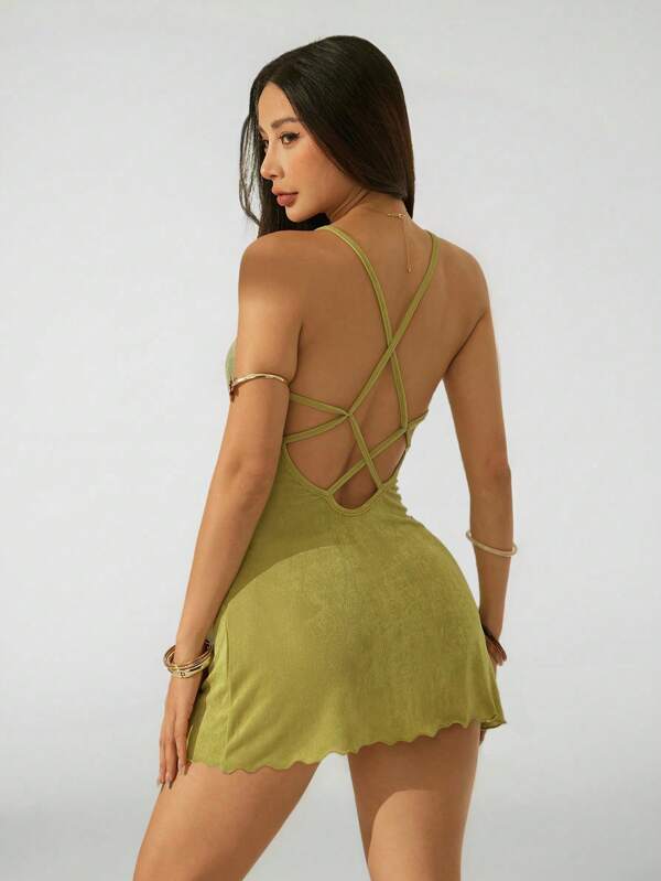 SHEIN PETITE Vestido corto de mujer con espalda abierta de unicolor y parte trasera descubierta
