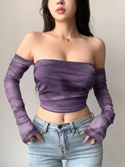 DAZY Top de mujer de manga larga con hombros descubiertos, de malla transparente con efecto tie-dye, para salir, festivales y verano