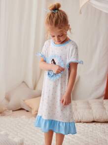 Baby Girl Blue Polka Dot Ruffle Print Princess Pattern Summer Short Sleeve Maxi Nightgown Loungewear - White - View 6