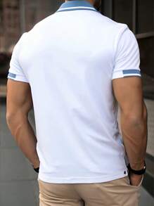 Manfinity Homme Chemise polo à manches courtes rayée décontractée pour hommes, chemise polo blanche et bleue pour hommes, chemise polo d'été pour hommes, chemise polo rayée pour hommes, chemise de golf pour hommes, chemise polo décontractée pour hommes. Un excellent cadeau pour un petit ami ou un mari. - Blanc - Voir 2