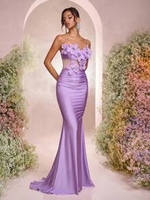 Glamrae 优雅浪漫的紫色手工五瓣水晶装饰 V 领腰开衩美人鱼鱼尾拖尾长裙，适合约会、单身派对、正式场合、舞会、鸡尾酒会、庆典（重磅） - 淡紫色 - 查看 4