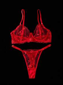 SHEIN Elegant Sheer Embroidered Push Up Bra And Panty Lingerie Set For Plus Sizes, Lift - Red - View 5